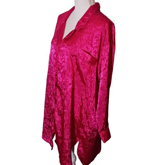VTG Lucie Ann II Hot‎ Pink Satin Longsleeve Button-Up Collared Nightshirt Size M - Picture 3 of 10